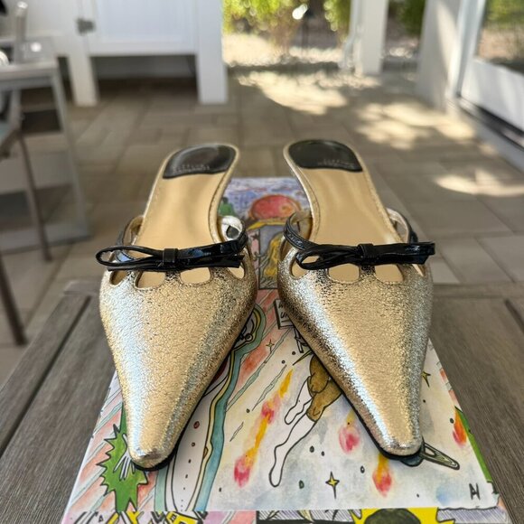 New Jeffrey Campbell Solitude Pointed Kitten Heels Mules Gold Black Womens 6.5 - Picture 8 of 16